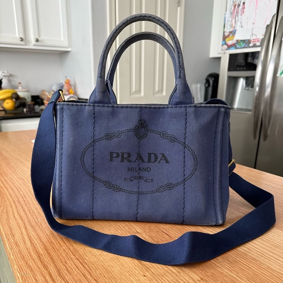 Prada Canapa canvas blue small tote with strap and card certificate - Picture 2 of 11